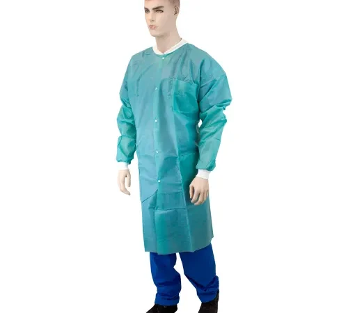 Mannequin wearing teal disposable medical gown