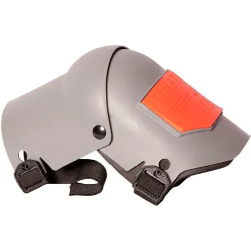 Pair of gray knee pads with orange patch